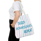 “Eat Sleep Homeschool Repeat” Pastel Striped Tote Bag
