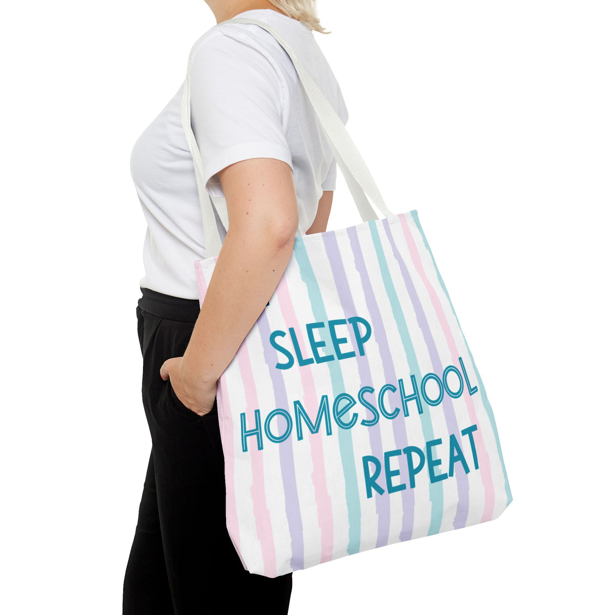 “Eat Sleep Homeschool Repeat” Pastel Striped Tote Bag