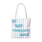 “Eat Sleep Homeschool Repeat” Pastel Striped Tote Bag