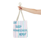 “Eat Sleep Homeschool Repeat” Pastel Striped Tote Bag