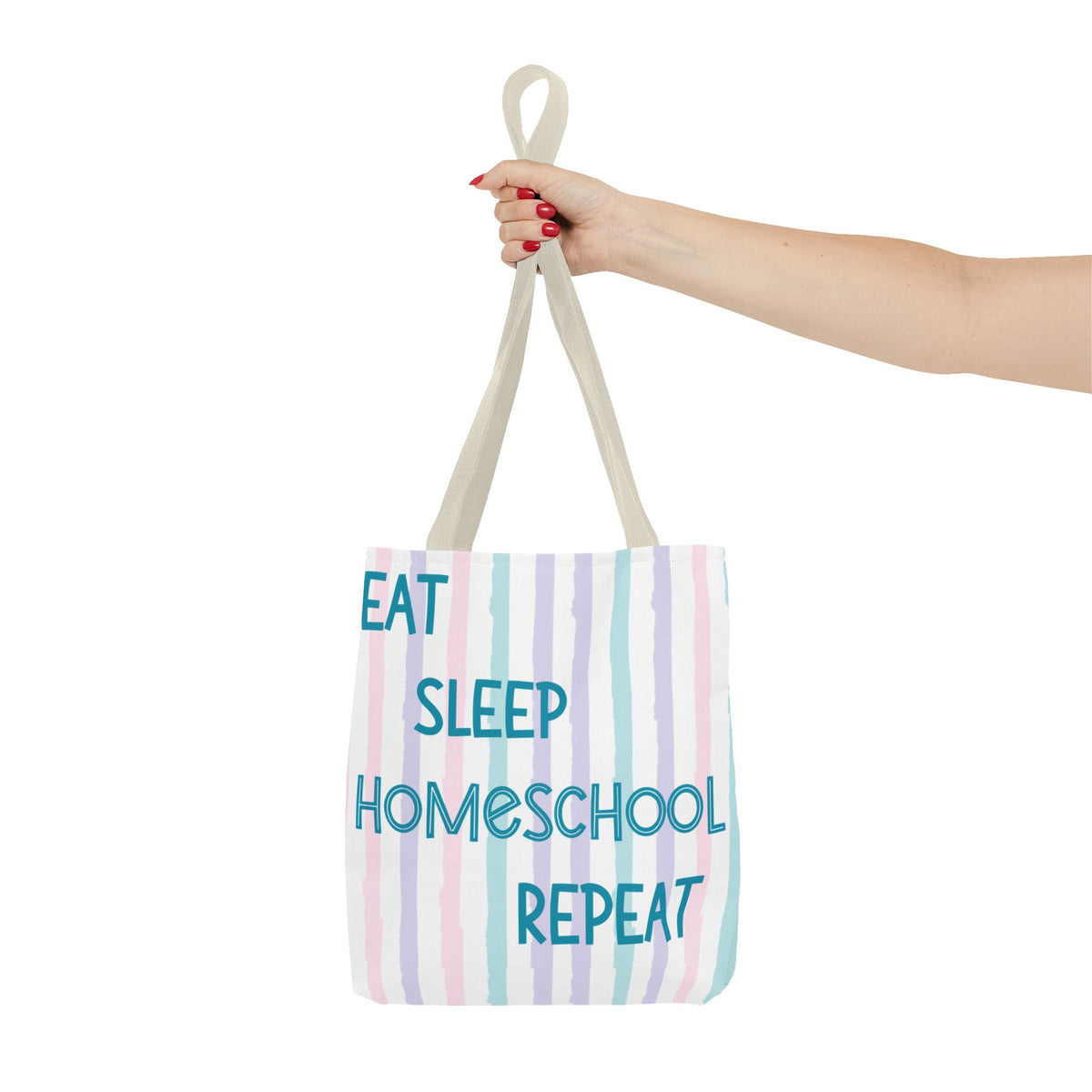 “Eat Sleep Homeschool Repeat” Pastel Striped Tote Bag