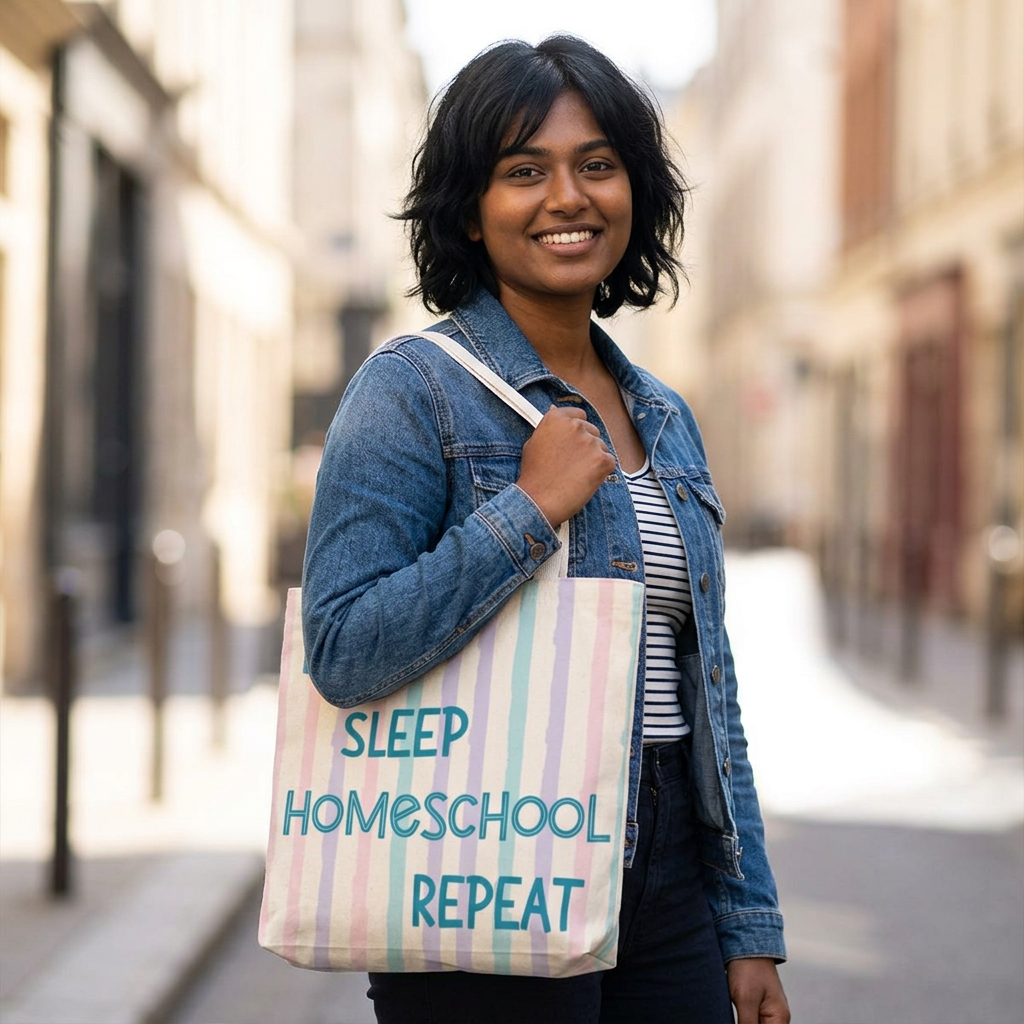 “Eat Sleep Homeschool Repeat” Pastel Striped Tote Bag