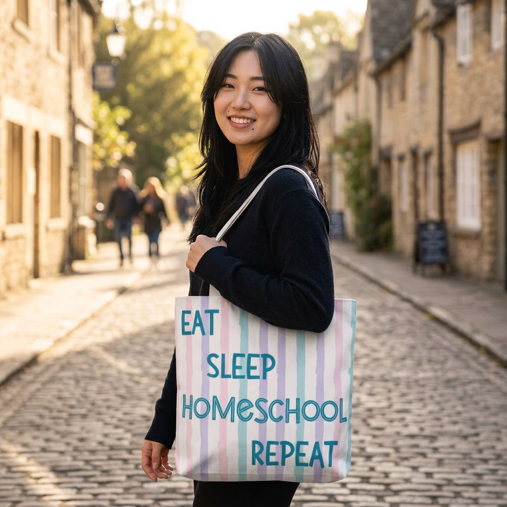 “Eat Sleep Homeschool Repeat” Pastel Striped Tote Bag