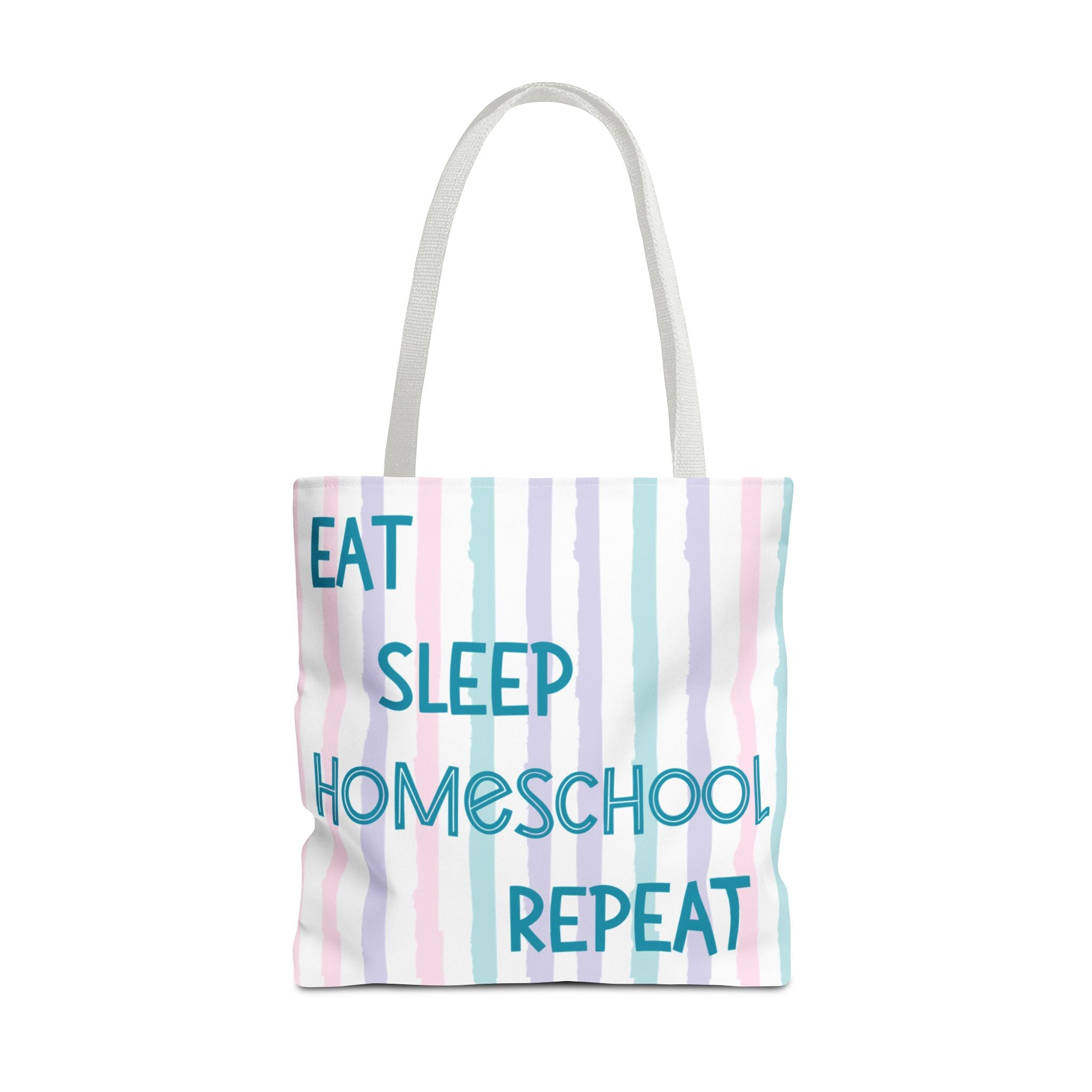 “Eat Sleep Homeschool Repeat” Pastel Striped Tote Bag