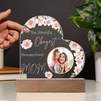 “The World’s Okayest Homeschool Mom” Acrylic Heart Plaque with Pink Flowers